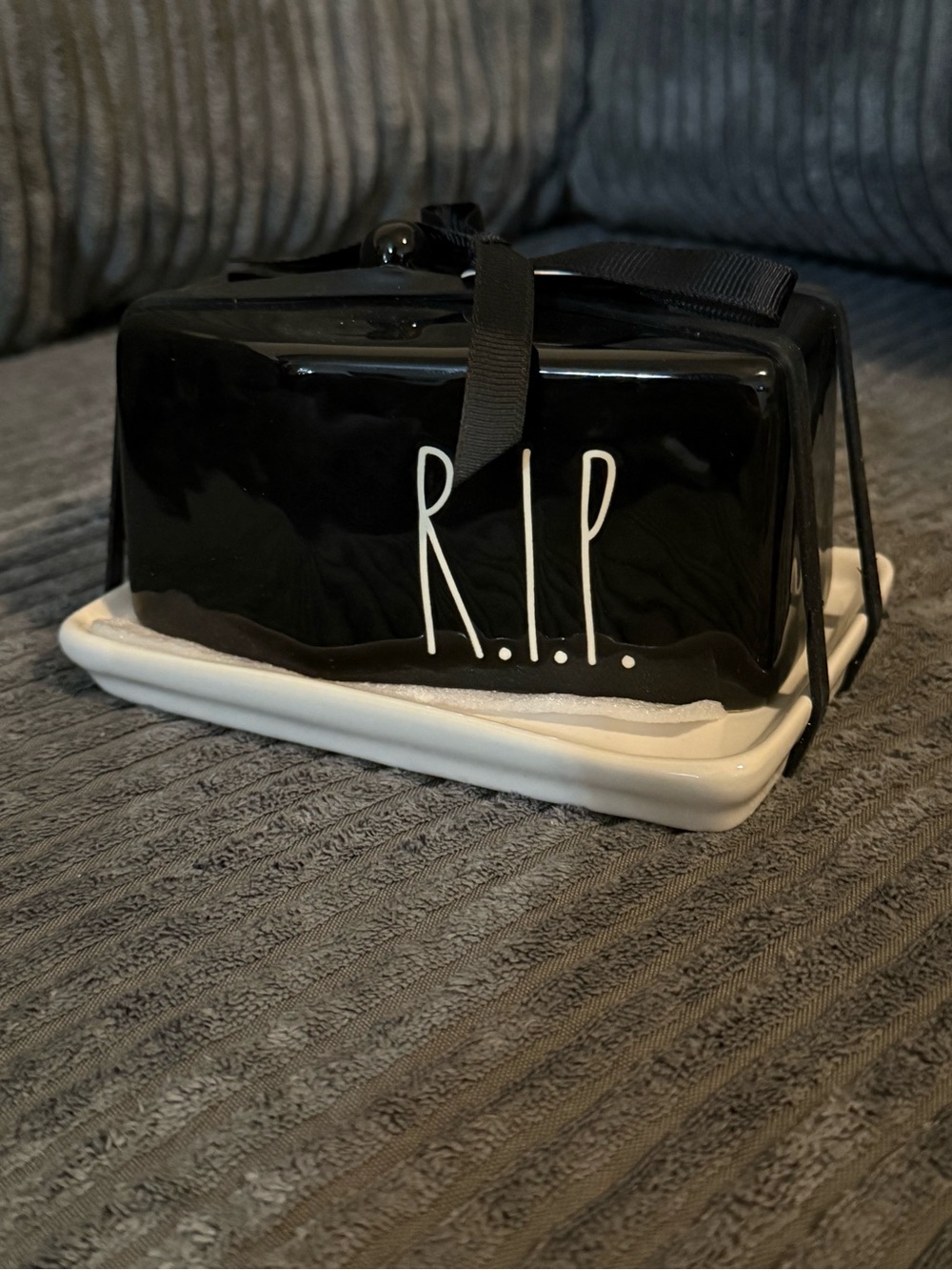 Rae Dunn Black ceramic R.I.P. Coffin Shaped Halloween Butter Dish NWT